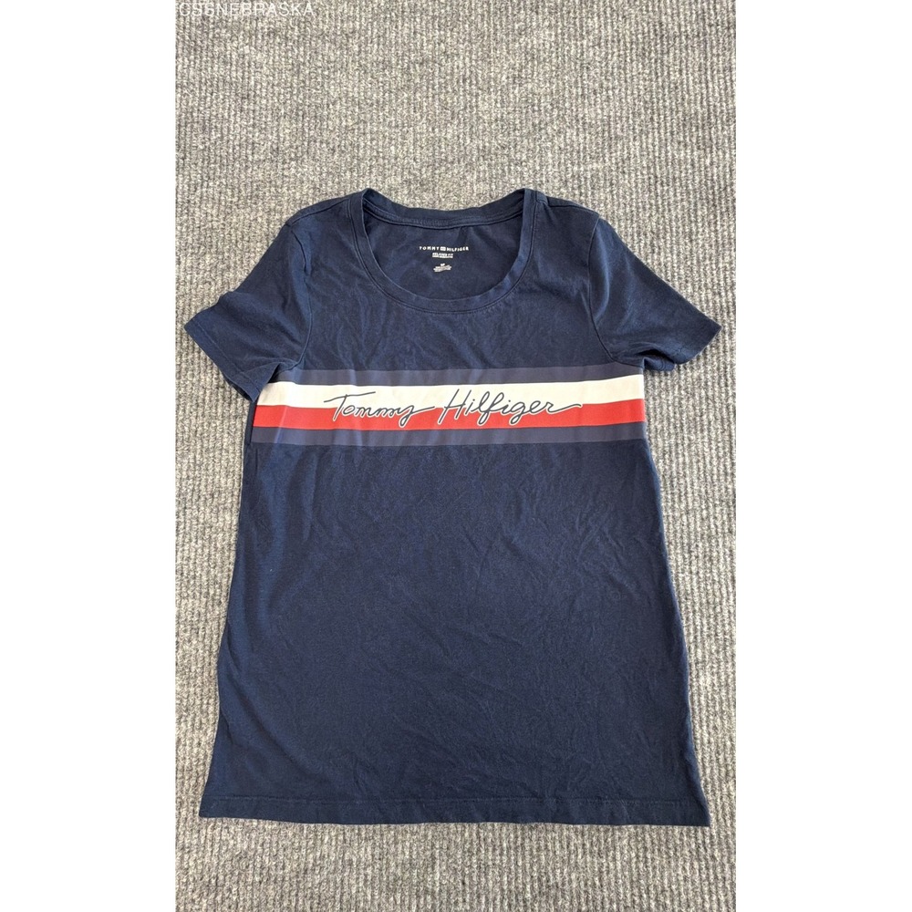 Tommy Hilfiger Womens Navy Blue Short Sleeve Logo T-Shirt Relaxed Fit Size S